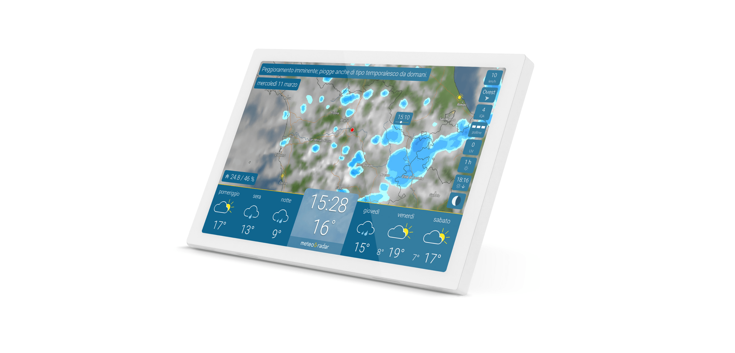meteo & radar home 4 in bianco: display meteorologico digitale con radar della pioggia e previsioni meteo aggiornate