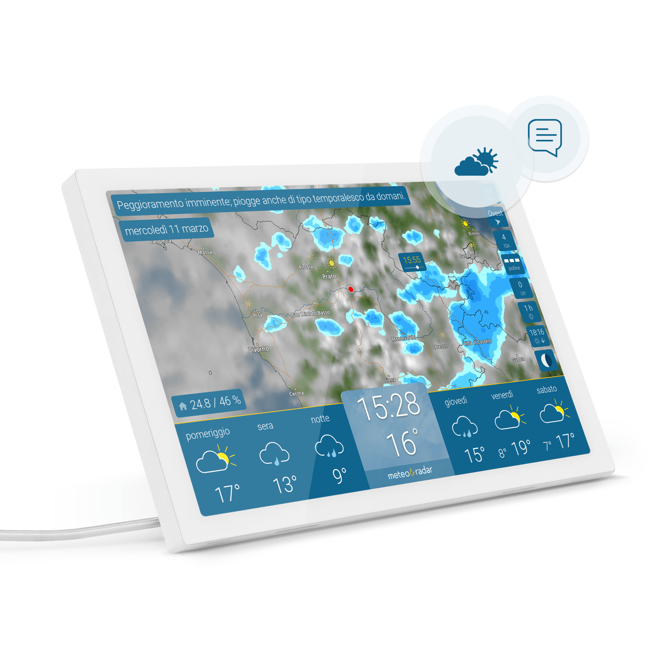 meteo & radar home 4 in bianco con radar della pioggia e previsioni meteo aggiornate sul display