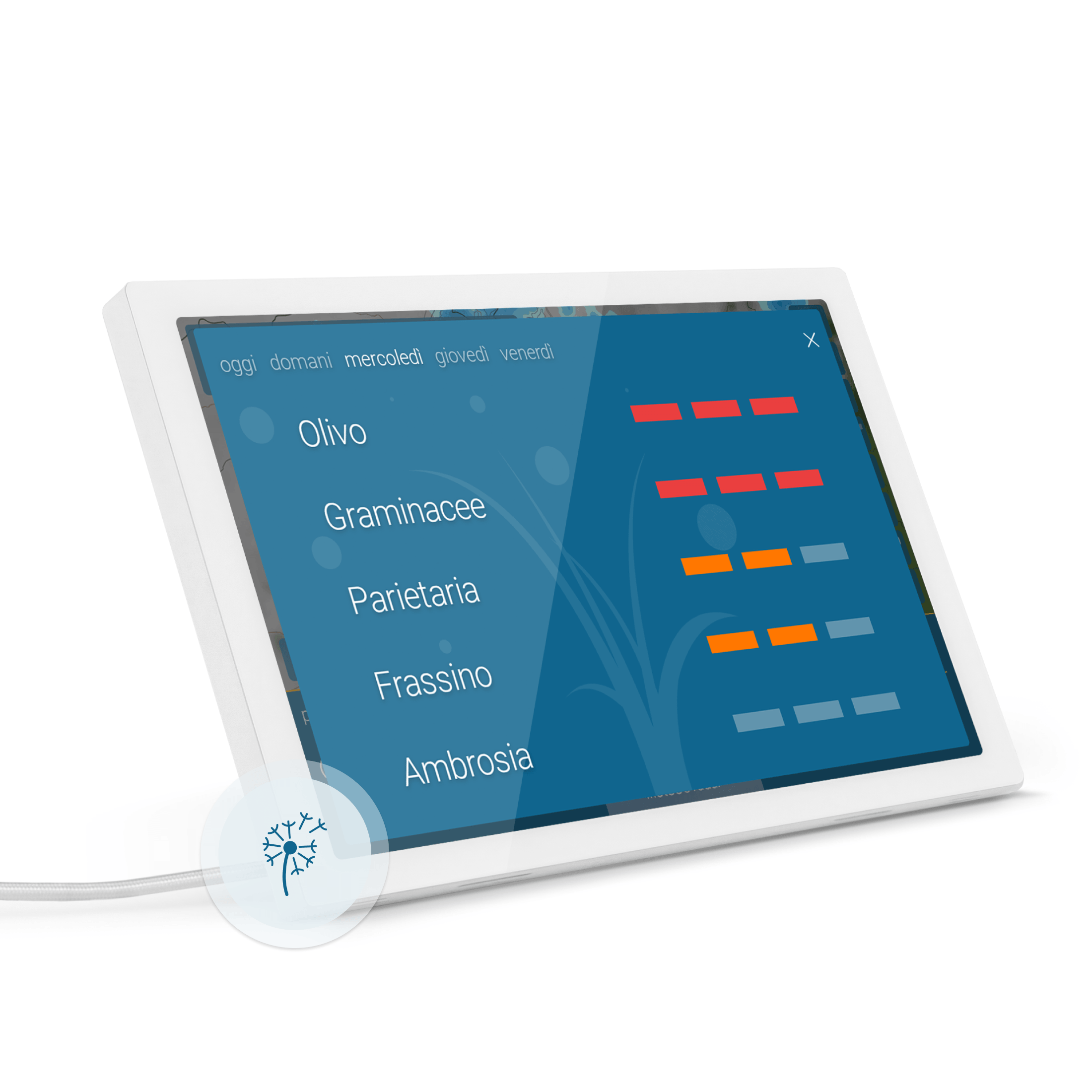 meteo & radar home 4 con indicatore della concentrazione di pollini di nocciolo, ontano e graminacee sul display