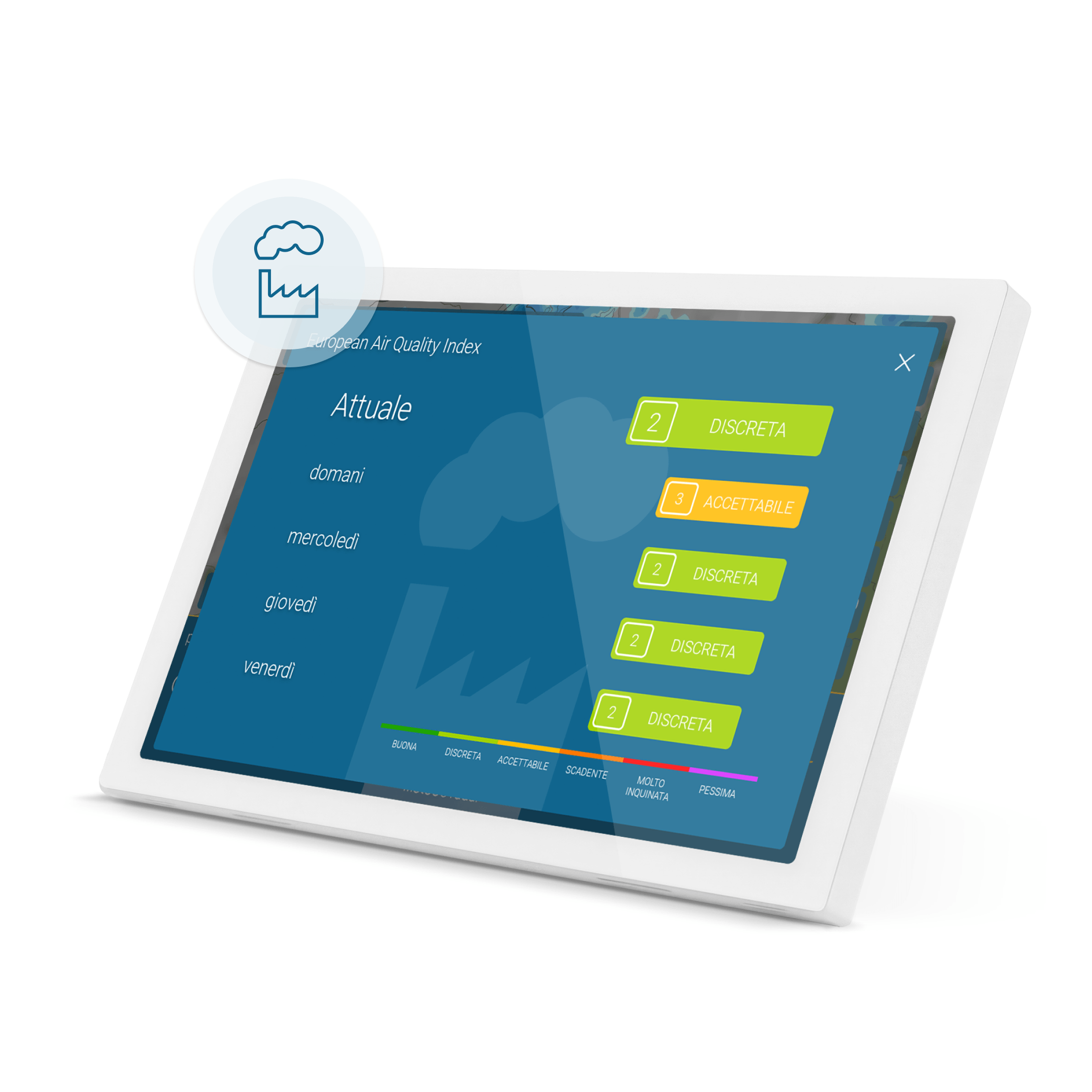 meteo & radar home 4 mostra l'indice di qualità dell'aria e i valori ambientali attuali sul display