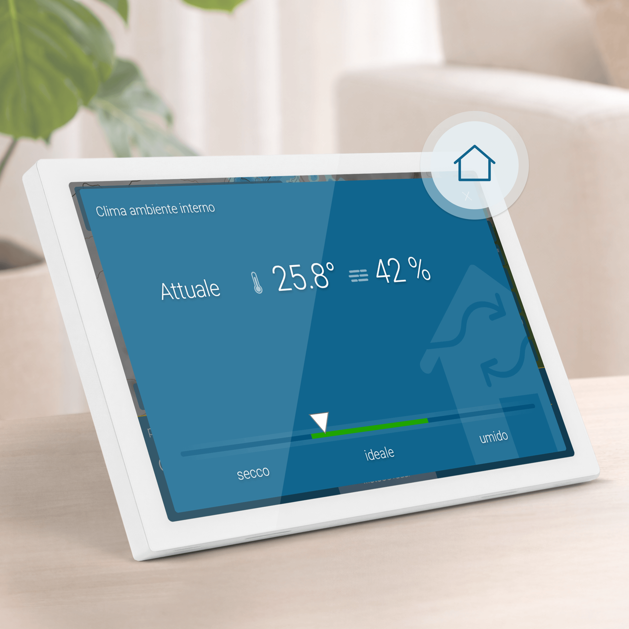 meteo & radar home 4 in bianco mostra il clima interno con temperatura e umidità