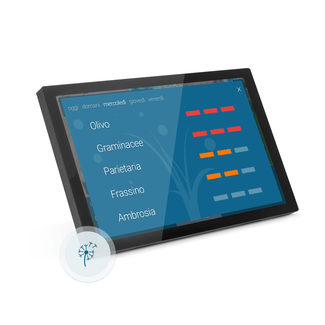 meteo & radar home 4 con indicatore della concentrazione di pollini di nocciolo, ontano e graminacee sul display