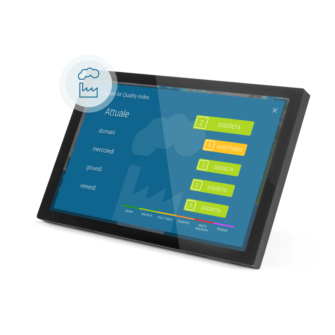 meteo & radar home 4 mostra l'indice di qualità dell'aria e i valori ambientali attuali sul display